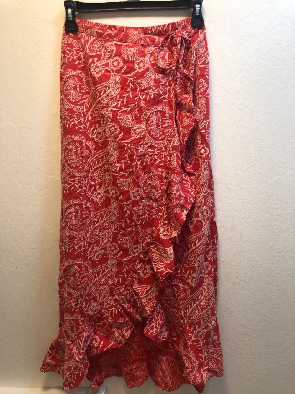 Red Paisley Floral Ruffle Midi Skirt